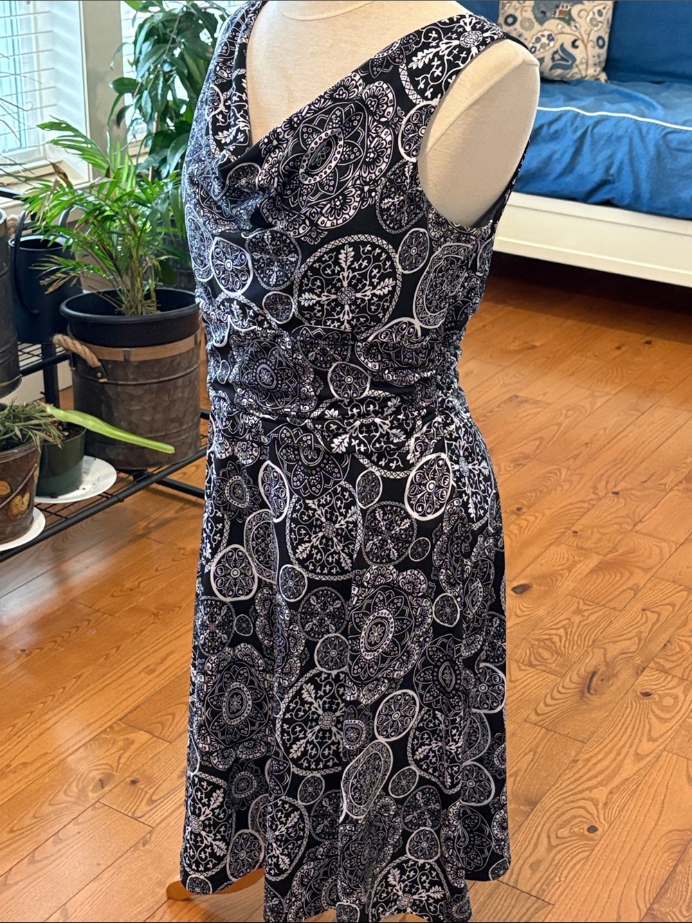 cleo Black & White Medallion Cowl Neck Midi Dress